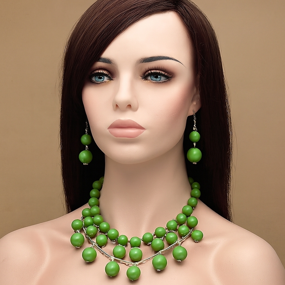 Gold Tone Green Cascade Beaded Necklace & Matching Earrings – Women's Fashion